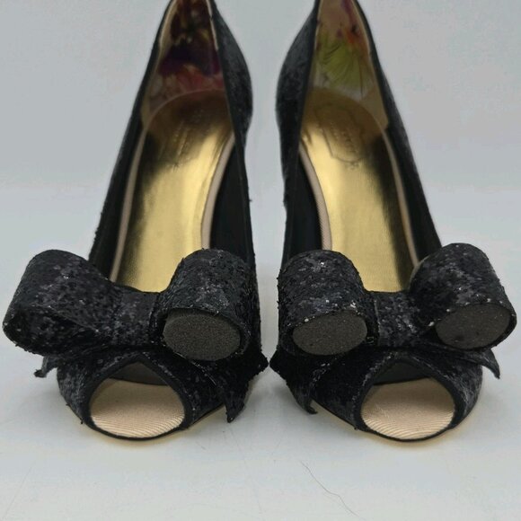 Ted Baker London Keanah Big Bow Peep Toe Black Sparkles High Heel Pumps Shoes 9 - Picture 2 of 14